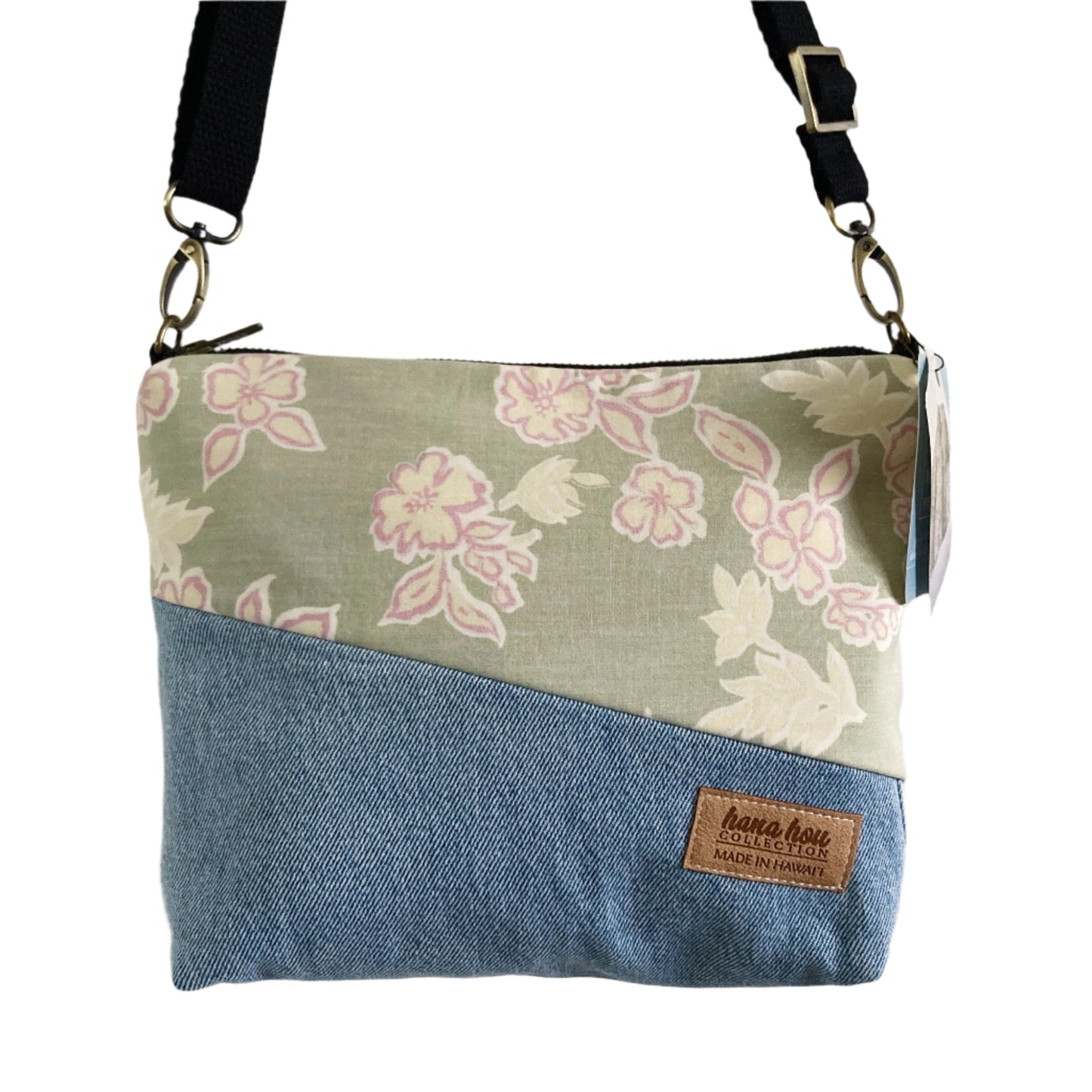 HANA HOU // Diagonal Crossbody 001 // Made in Hawai'i with upcyled jeans and aloha shirt