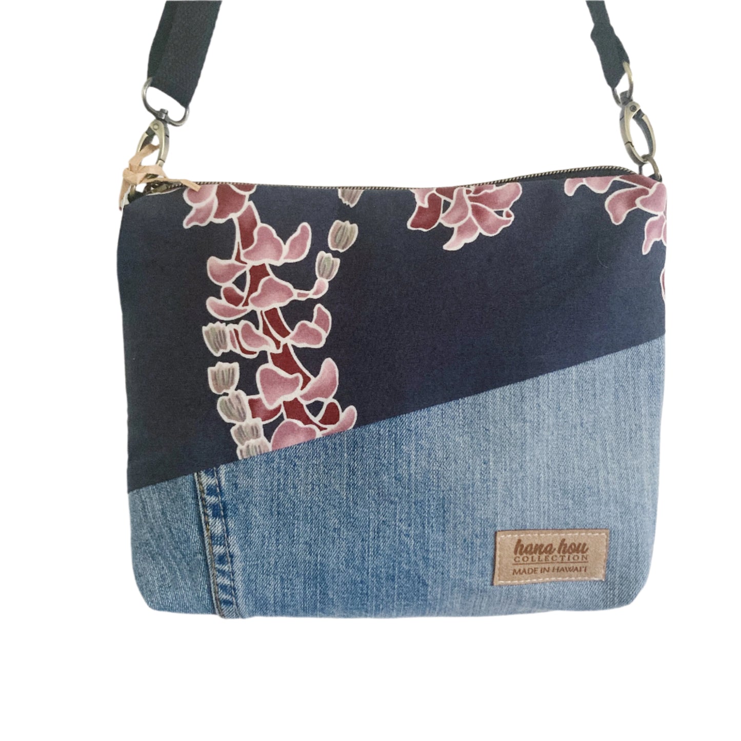 HANA HOU // Diagonal Crossbody 005 // Made in Hawai'i with upcyled jeans and aloha shirt