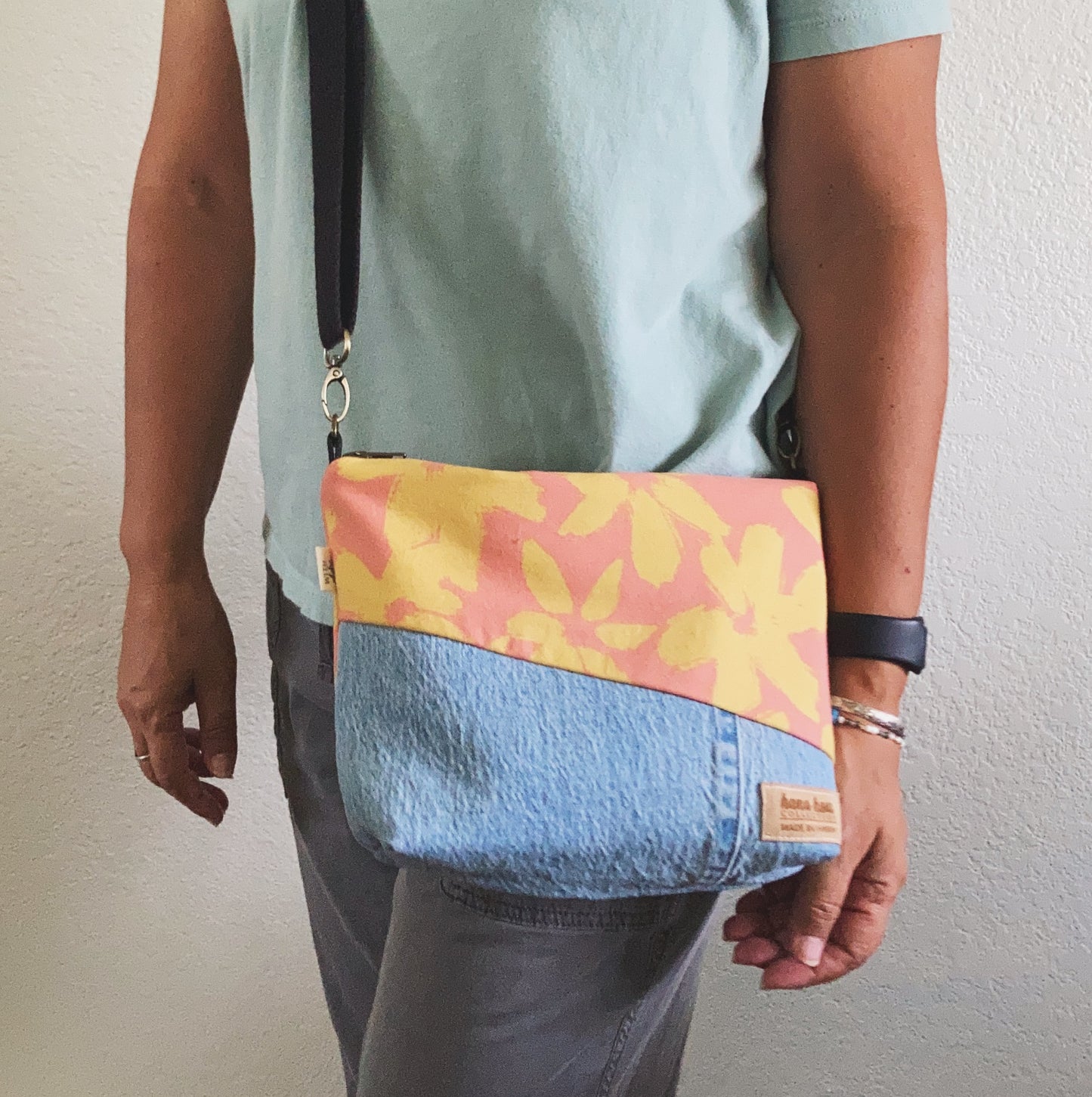 HANA HOU // Diagonal Crossbody 002 // Made in Hawai'i with upcyled jeans and aloha shirt