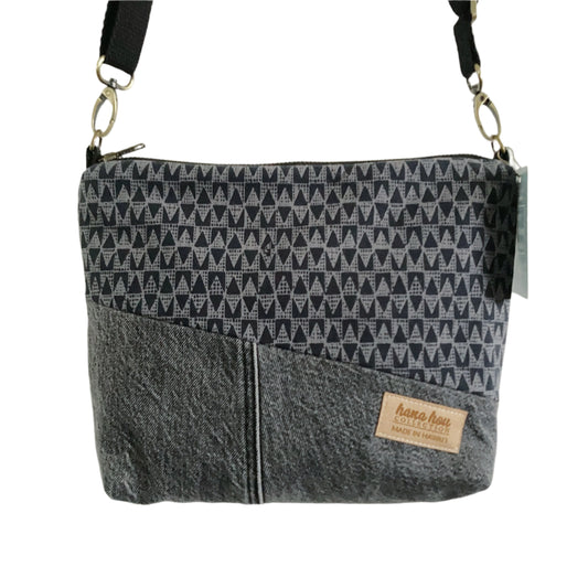 HANA HOU // Diagonal Crossbody 002 // Made in Hawai'i with upcyled jeans and aloha shirt